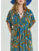 V Neck Gathered Detailed Petrol Floral Plus Size Dress 4604